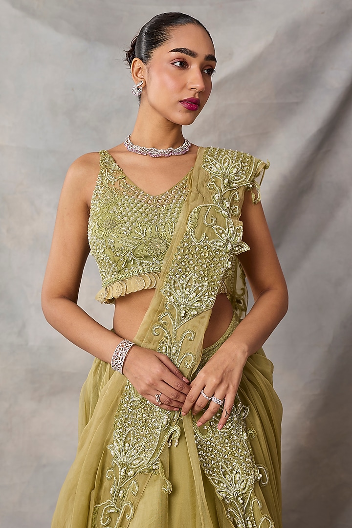 Sage Green Organza & Net Skirt Reception Saree Set by AWIGNA BY VARSHA & RITTU at Pernia's Pop Up Shop