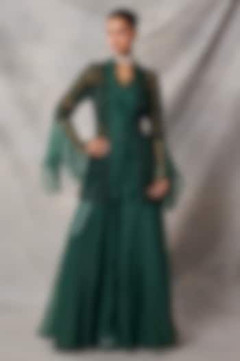 Bottle Green Organza & Net Wedding Sharara Set by AWIGNA BY VARSHA & RITTU at Pernia's Pop Up Shop