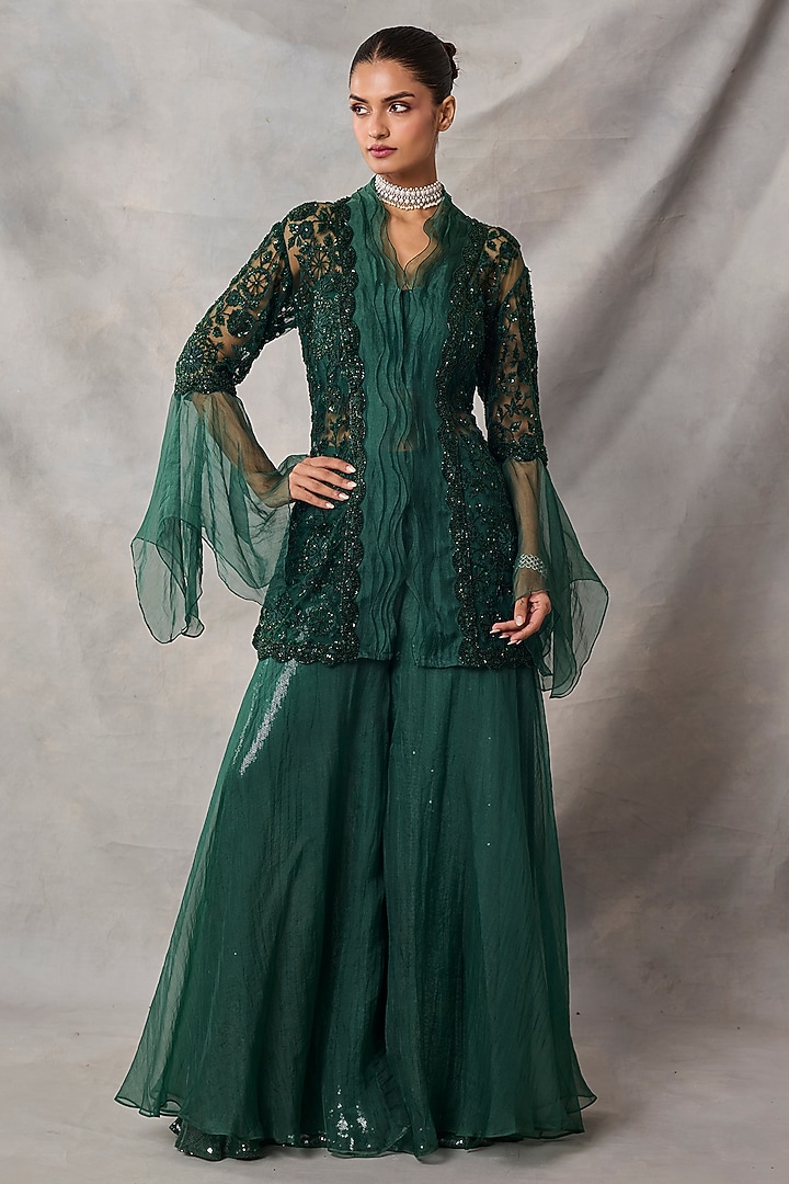 Bottle Green Organza & Net Wedding Sharara Set by AWIGNA BY VARSHA & RITTU at Pernia's Pop Up Shop