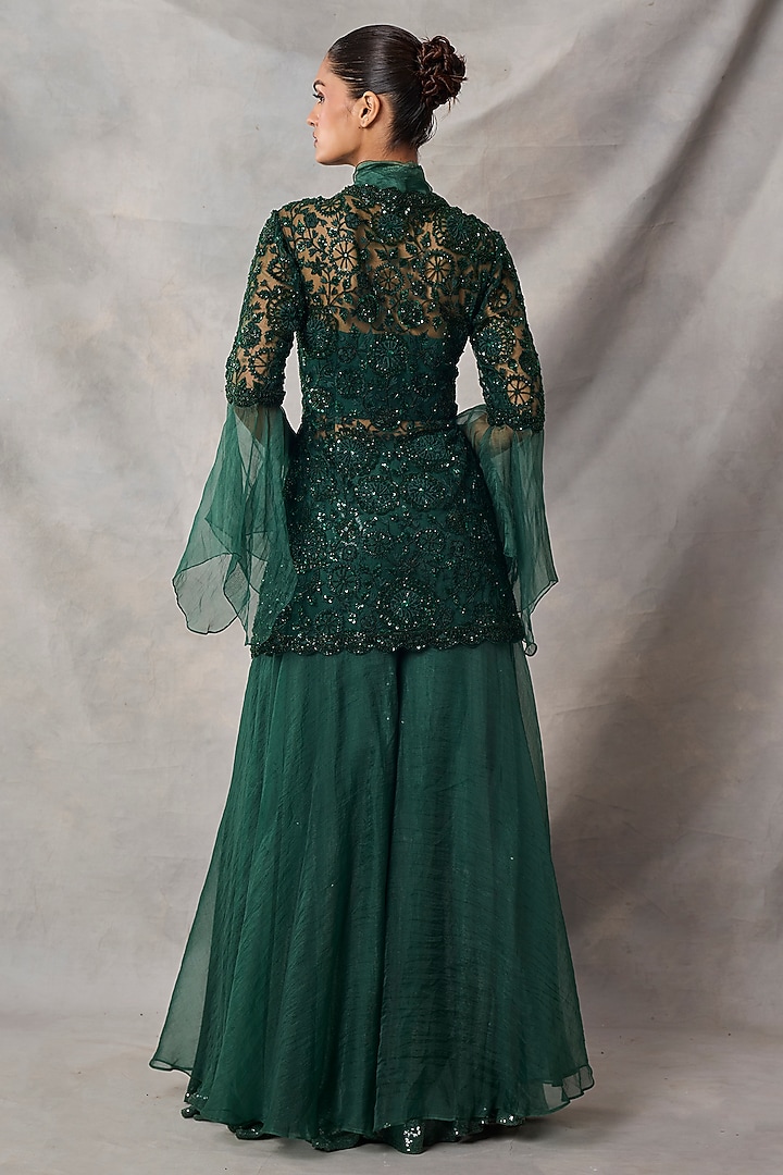 Bottle Green Organza & Net Wedding Sharara Set by AWIGNA BY VARSHA & RITTU at Pernia's Pop Up Shop