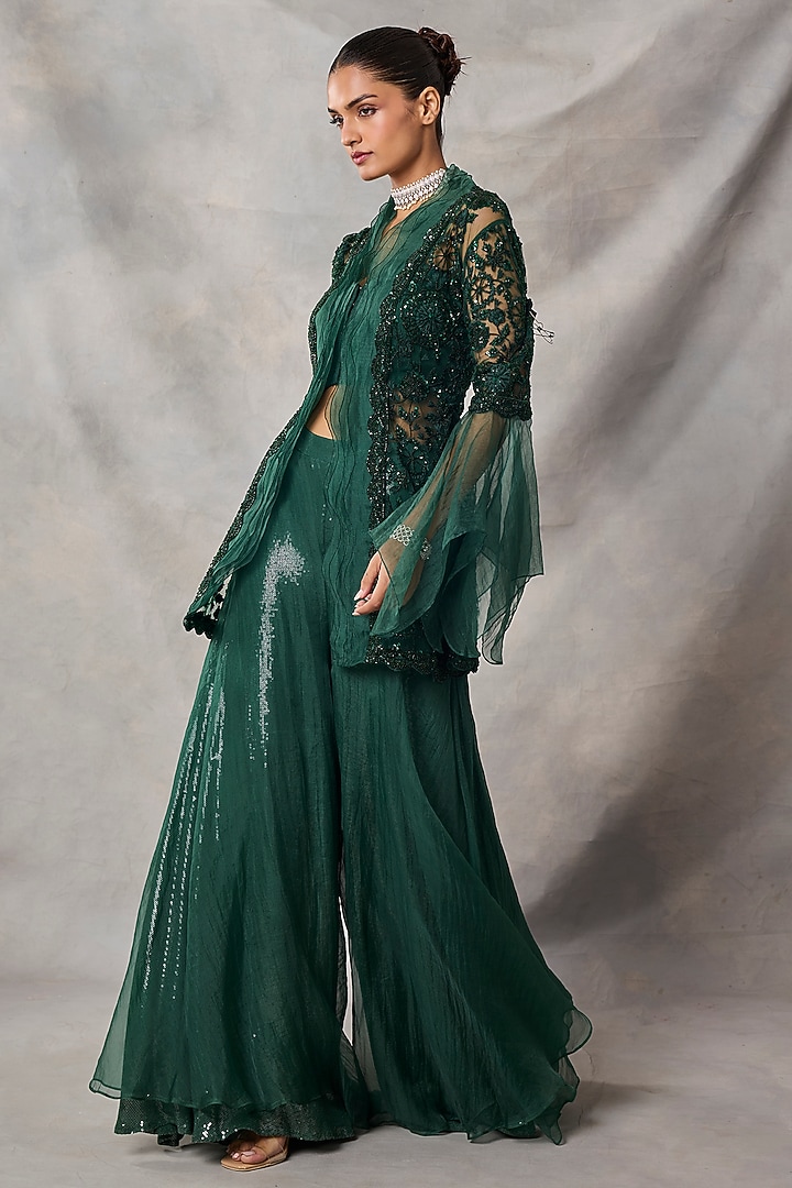 Bottle Green Organza & Net Wedding Sharara Set by AWIGNA BY VARSHA & RITTU at Pernia's Pop Up Shop