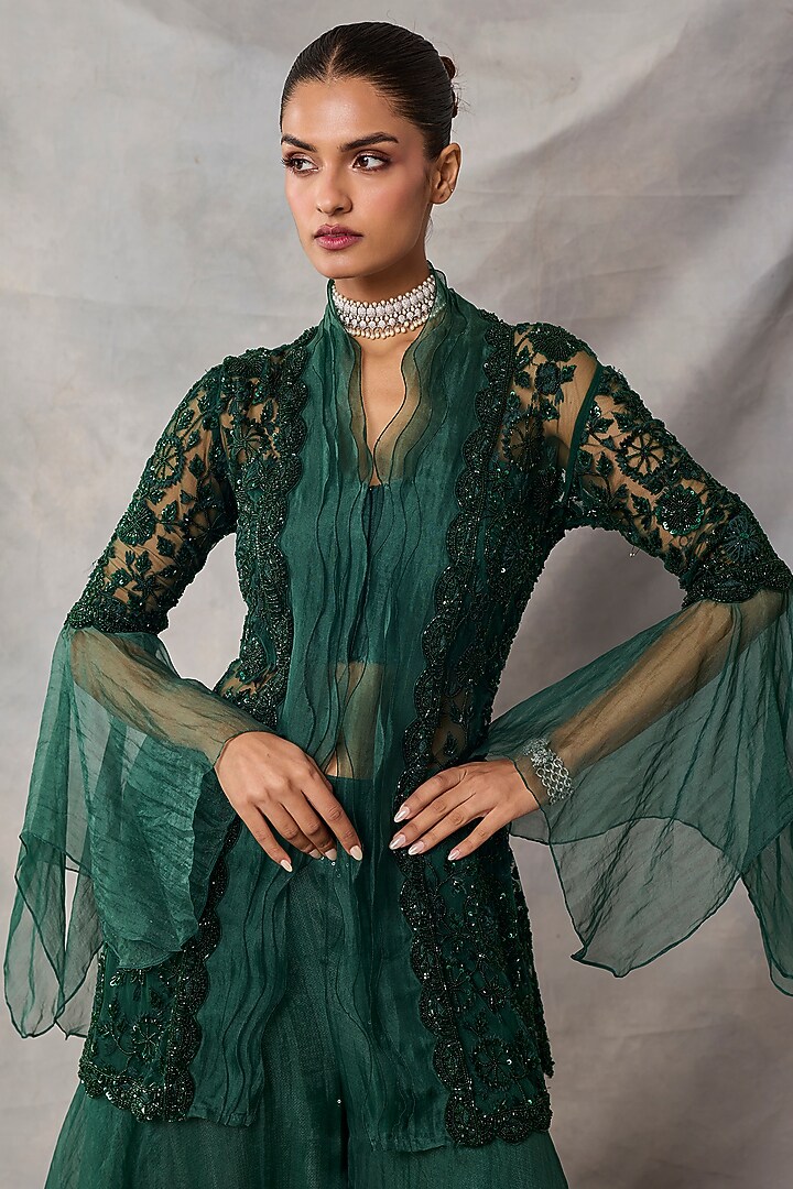 Bottle Green Organza & Net Wedding Sharara Set by AWIGNA BY VARSHA & RITTU at Pernia's Pop Up Shop