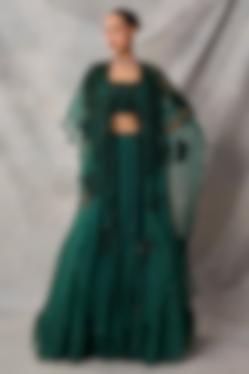 Bottle Green Organza & Net Floral Embroidered Wedding Lehenga Set by AWIGNA BY VARSHA & RITTU at Pernia's Pop Up Shop