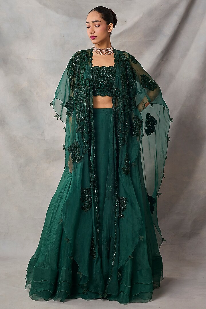 Bottle Green Organza & Net Floral Embroidered Wedding Lehenga Set by AWIGNA BY VARSHA & RITTU at Pernia's Pop Up Shop