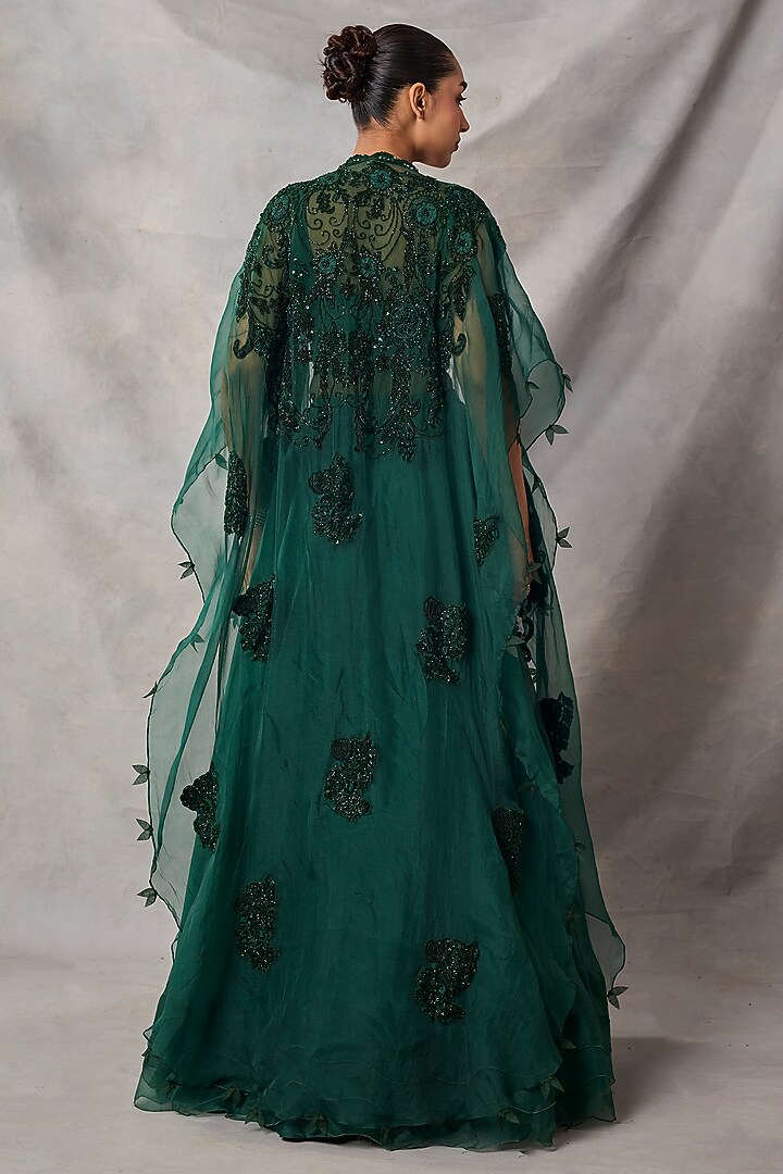 Bottle Green Organza & Net Floral Embroidered Wedding Lehenga Set by AWIGNA BY VARSHA & RITTU at Pernia's Pop Up Shop
