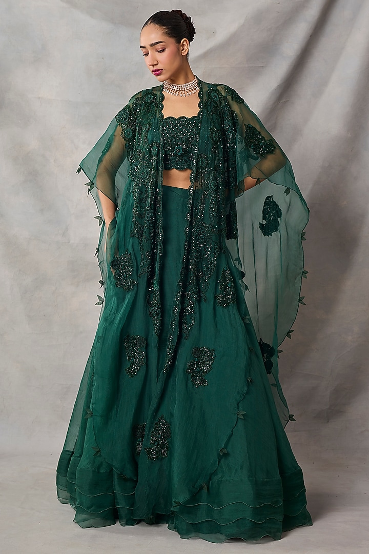 Bottle Green Organza & Net Floral Embroidered Wedding Lehenga Set by AWIGNA BY VARSHA & RITTU at Pernia's Pop Up Shop