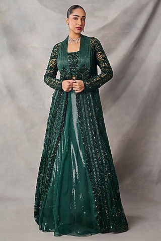 Bottle Green Organza & Net Embroidered Jacket Set by AWIGNA BY VARSHA & RITTU