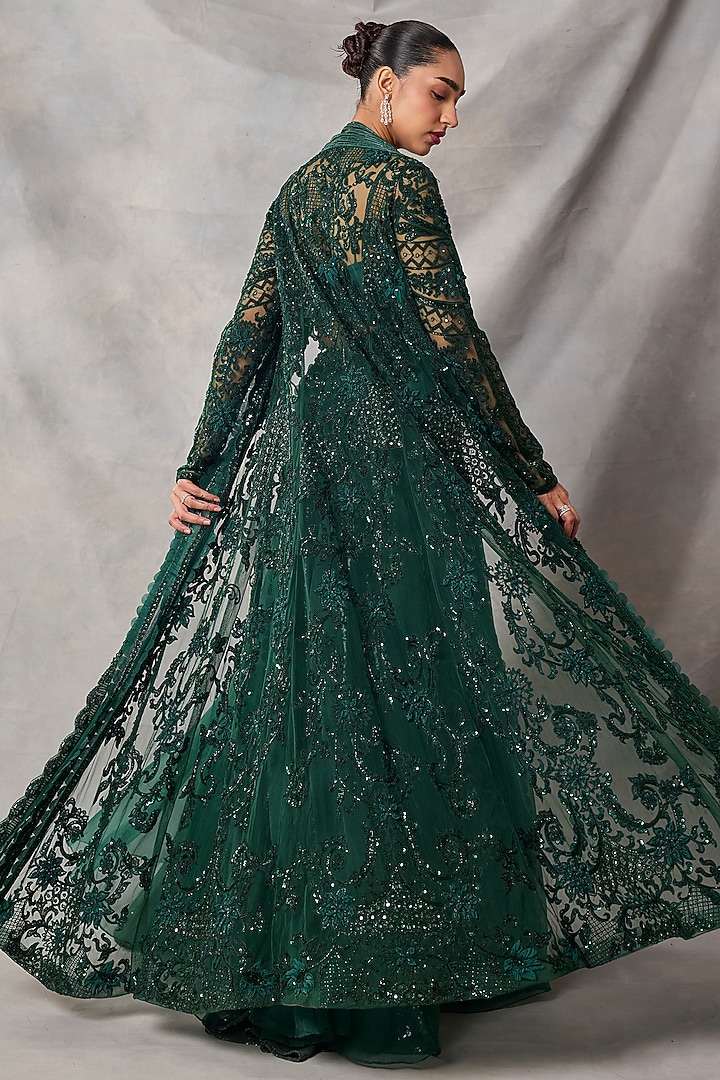 Bottle Green Organza & Net Embroidered Jacket Set by AWIGNA BY VARSHA & RITTU at Pernia's Pop Up Shop