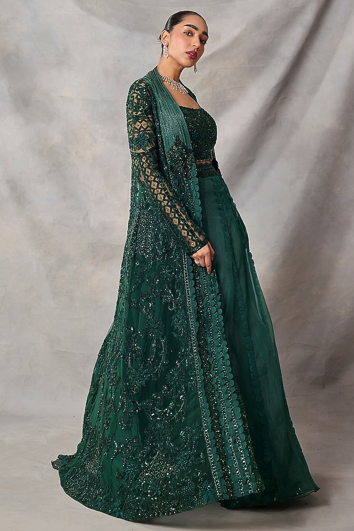 Bottle Green Organza & Net Embroidered Jacket Set by AWIGNA BY VARSHA & RITTU at Pernia's Pop Up Shop