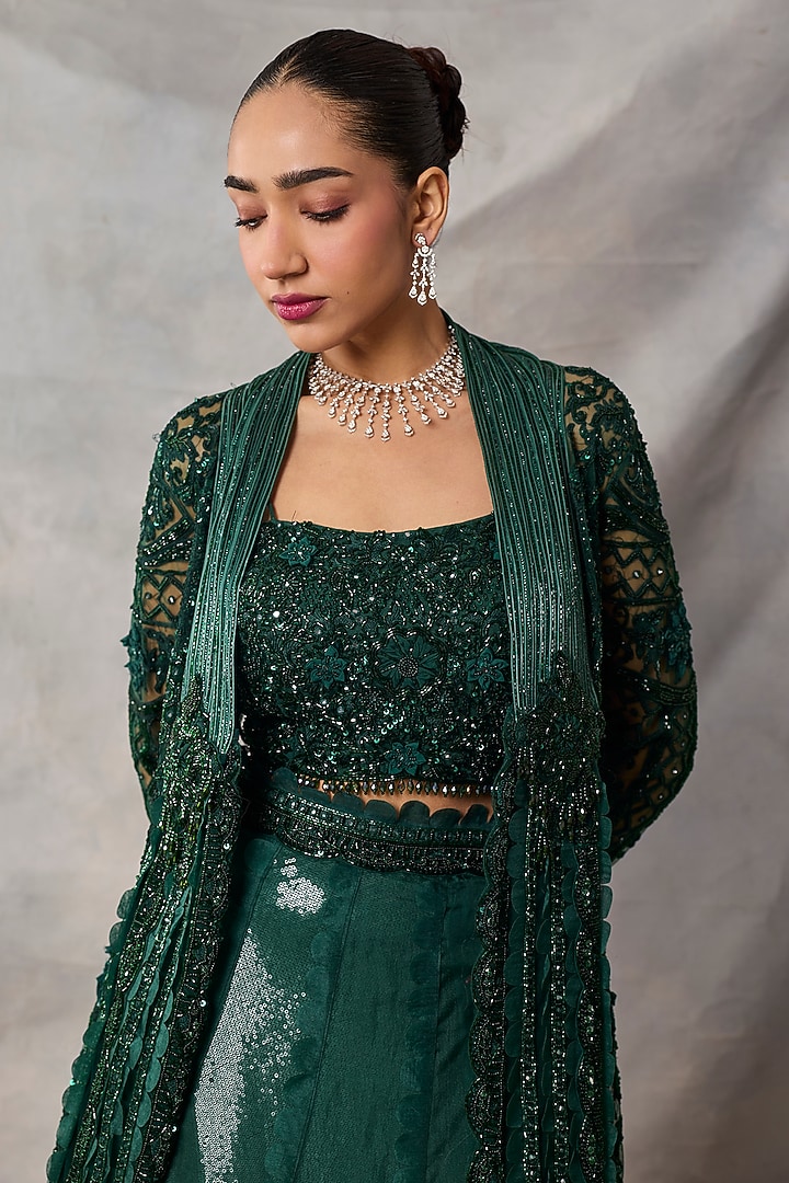 Bottle Green Organza & Net Embroidered Jacket Set by AWIGNA BY VARSHA & RITTU at Pernia's Pop Up Shop