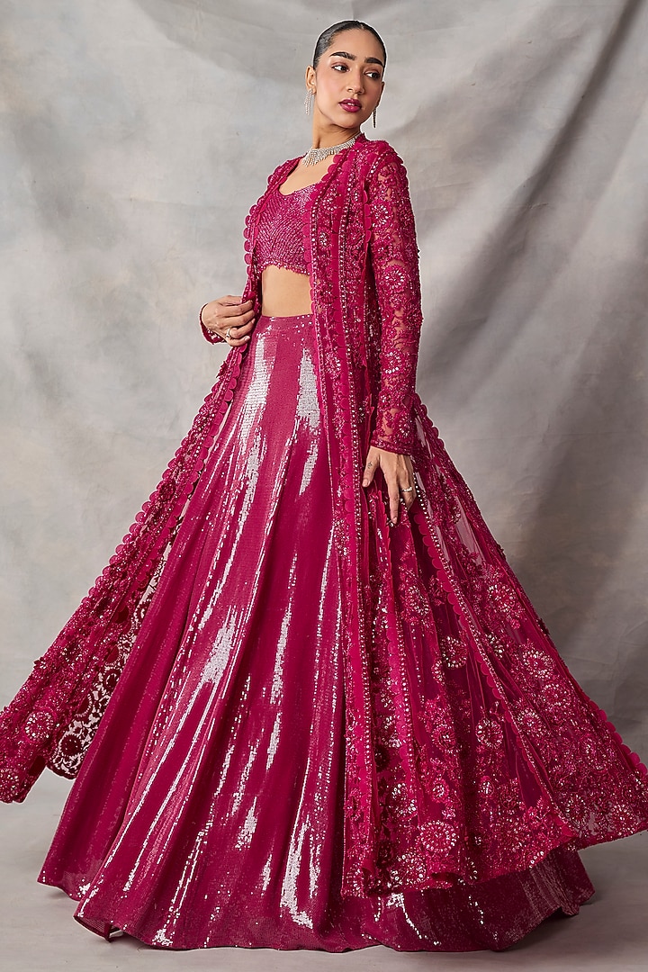 Red Organza & Net Embroidered Jacket Set by AWIGNA BY VARSHA & RITTU at Pernia's Pop Up Shop