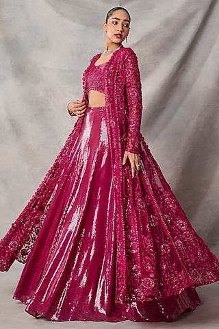 Red Organza & Net Embroidered Jacket Set by AWIGNA BY VARSHA & RITTU