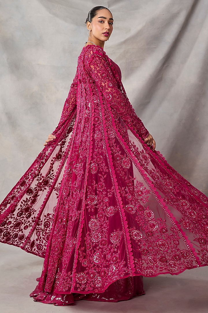 Red Organza & Net Embroidered Jacket Set by AWIGNA BY VARSHA & RITTU at Pernia's Pop Up Shop