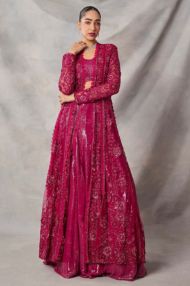 Red Organza & Net Embroidered Jacket Set by AWIGNA BY VARSHA & RITTU at Pernia's Pop Up Shop