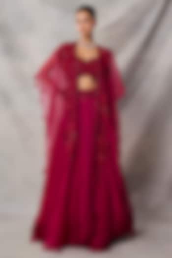 Red Organza & Net Floral Embroidered Jacket Wedding Lehenga Set by AWIGNA BY VARSHA & RITTU at Pernia's Pop Up Shop