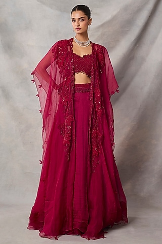 Red Organza & Net Floral Embroidered Jacket Lehenga Set by AWIGNA BY VARSHA & RITTU