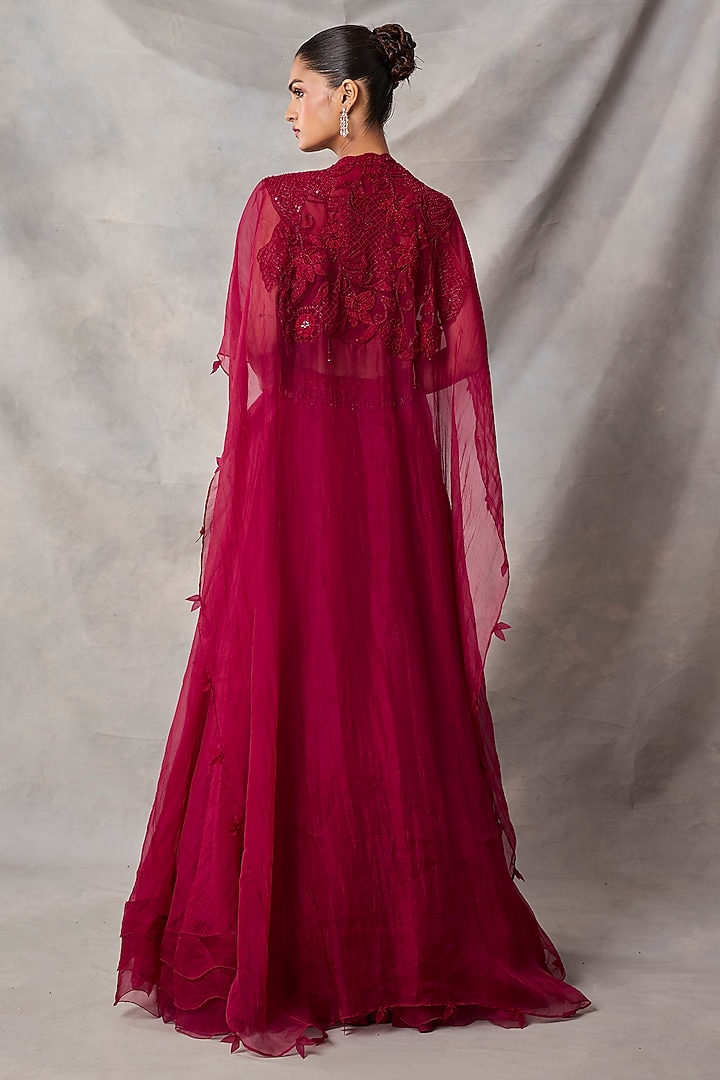 Red Organza & Net Floral Embroidered Jacket Wedding Lehenga Set by AWIGNA BY VARSHA & RITTU at Pernia's Pop Up Shop