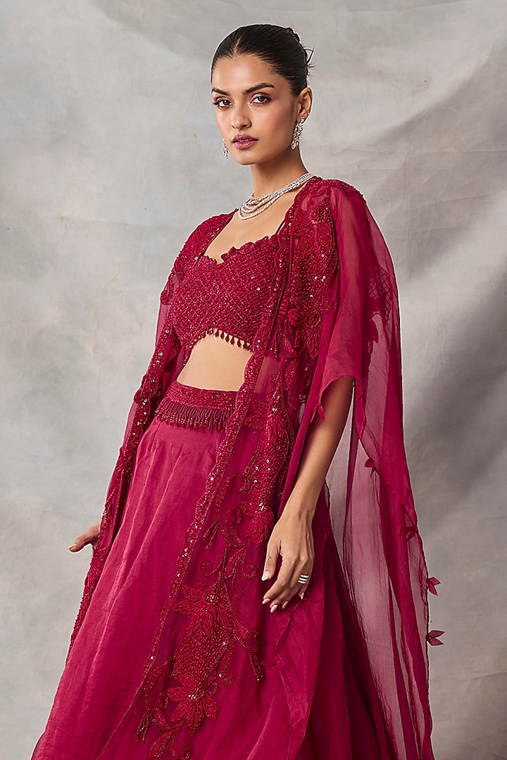 Red Organza & Net Floral Embroidered Jacket Wedding Lehenga Set by AWIGNA BY VARSHA & RITTU at Pernia's Pop Up Shop