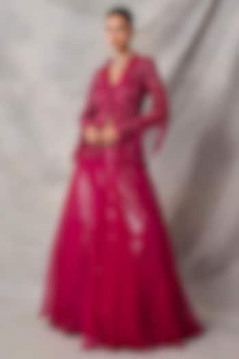 Red Organza & Net Embroidered Jacket Set by AWIGNA BY VARSHA & RITTU at Pernia's Pop Up Shop