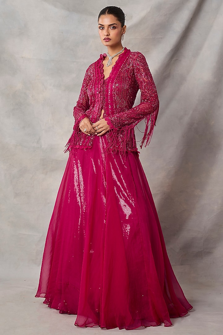 Red Organza & Net Embroidered Jacket Set by AWIGNA BY VARSHA & RITTU at Pernia's Pop Up Shop