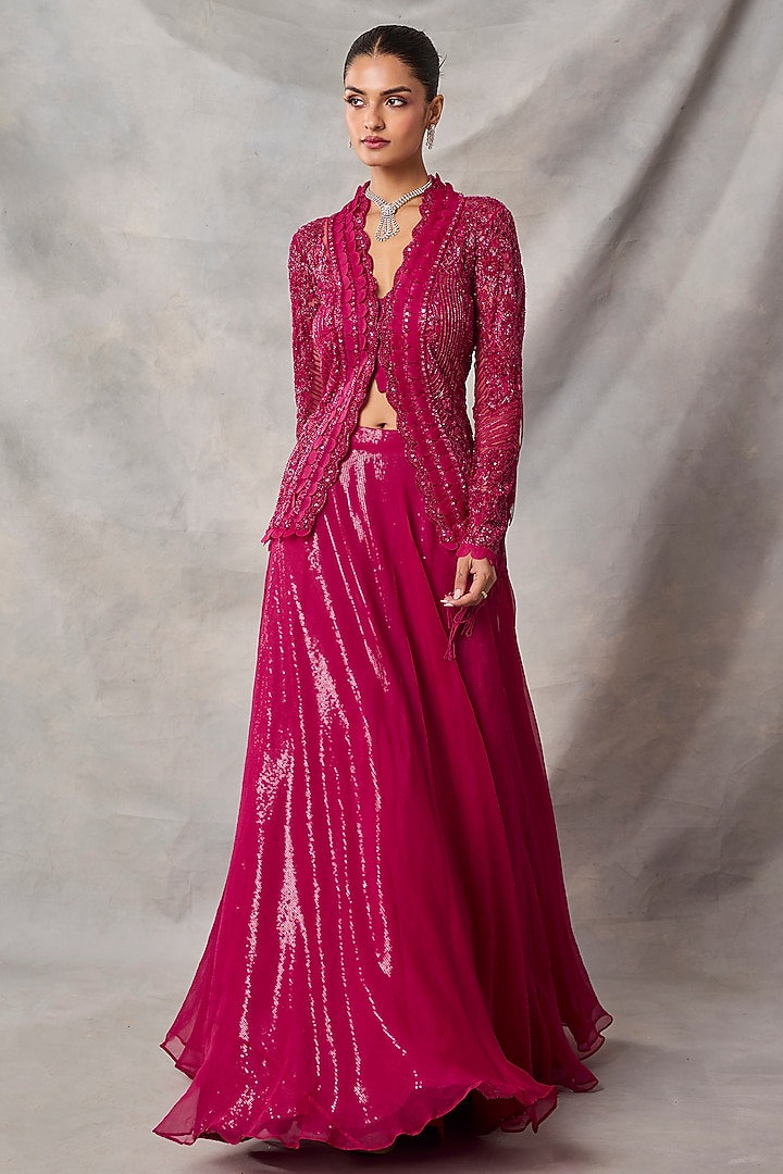 Red Organza & Net Embroidered Jacket Set by AWIGNA BY VARSHA & RITTU at Pernia's Pop Up Shop