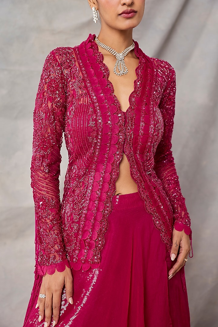 Red Organza & Net Embroidered Jacket Set by AWIGNA BY VARSHA & RITTU at Pernia's Pop Up Shop