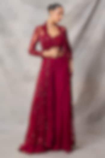 Red Organza & Net Embroidered Jacket Set by AWIGNA BY VARSHA & RITTU at Pernia's Pop Up Shop