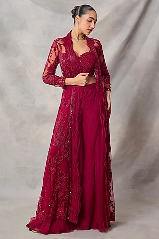 Red Organza & Net Embroidered Jacket Set by AWIGNA BY VARSHA & RITTU