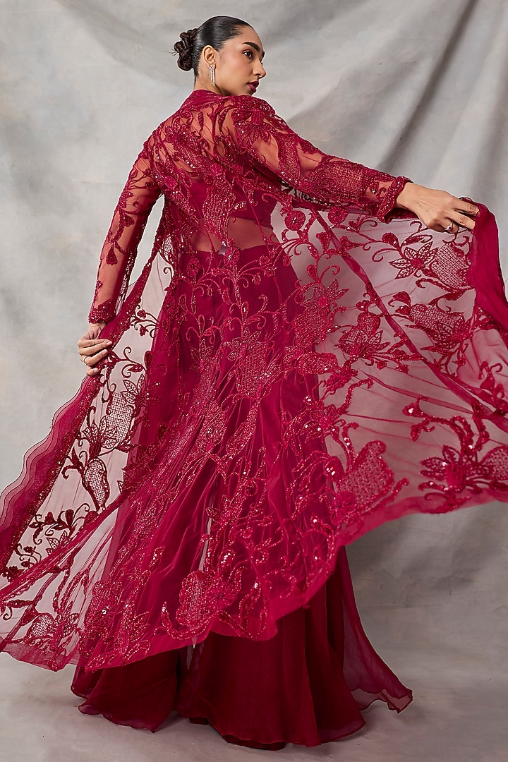 Red Organza & Net Embroidered Jacket Set by AWIGNA BY VARSHA & RITTU at Pernia's Pop Up Shop