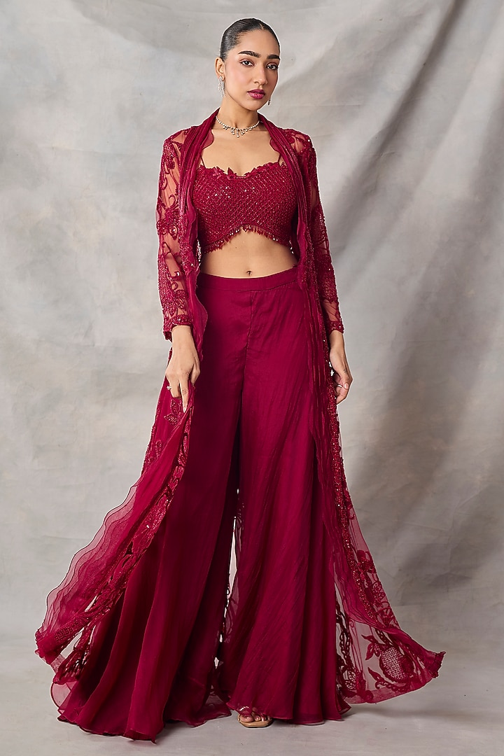 Red Organza & Net Embroidered Jacket Set by AWIGNA BY VARSHA & RITTU at Pernia's Pop Up Shop