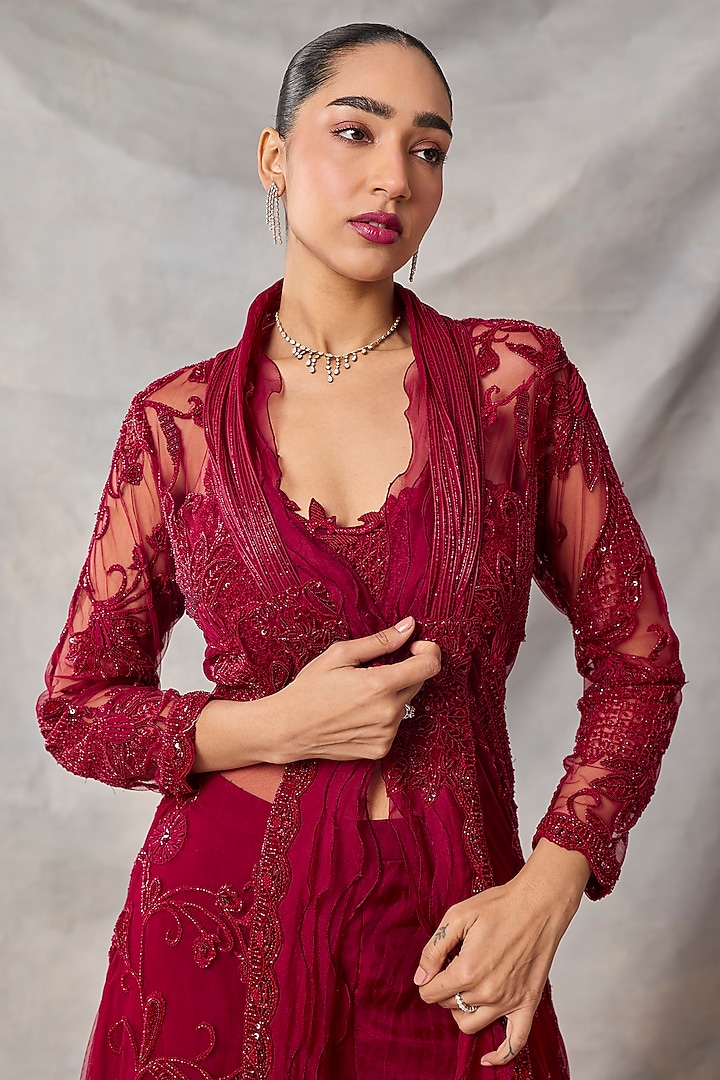 Red Organza & Net Embroidered Jacket Set by AWIGNA BY VARSHA & RITTU at Pernia's Pop Up Shop