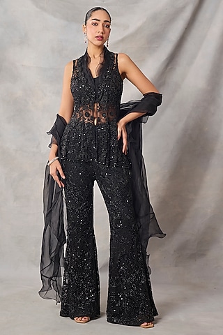 Black Organza & Net Embroidered Pant Set by AWIGNA BY VARSHA & RITTU