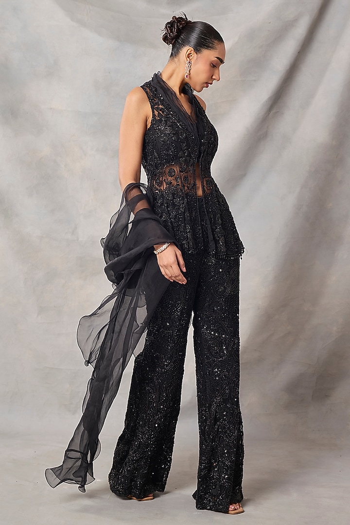 Black Organza & Net Embroidered Pant Set by AWIGNA BY VARSHA & RITTU at Pernia's Pop Up Shop