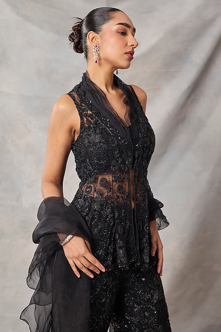 Black Organza & Net Embroidered Pant Set by AWIGNA BY VARSHA & RITTU at Pernia's Pop Up Shop