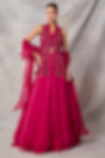 Red Organza & Net Frilled Wedding Lehenga Set by AWIGNA BY VARSHA & RITTU at Pernia's Pop Up Shop