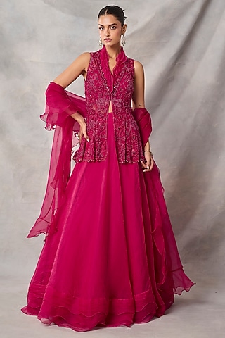 Red Organza & Net Frilled Lehenga Set by AWIGNA BY VARSHA & RITTU