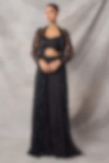 Black Organza & Net Embroidered Jacket Set by AWIGNA BY VARSHA & RITTU at Pernia's Pop Up Shop