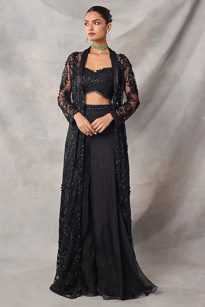 Black Organza & Net Embroidered Jacket Set by AWIGNA BY VARSHA & RITTU at Pernia's Pop Up Shop