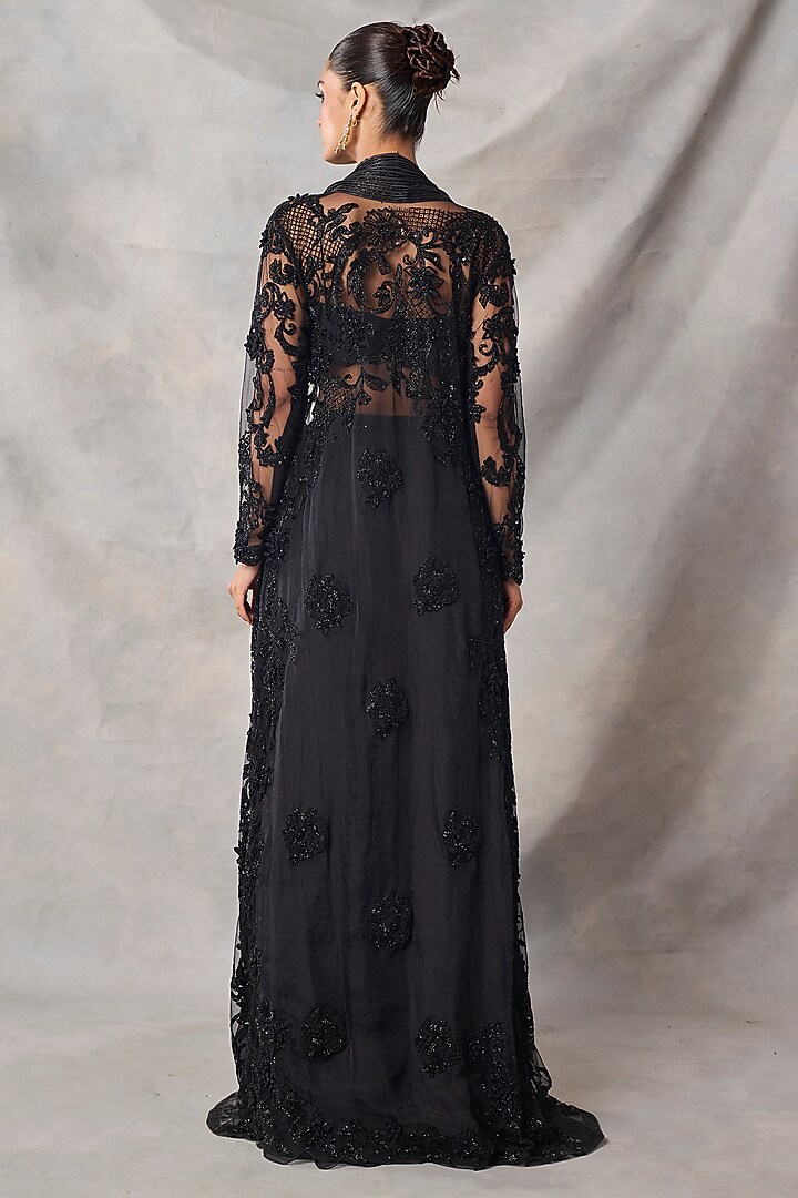 Black Organza & Net Embroidered Jacket Set by AWIGNA BY VARSHA & RITTU at Pernia's Pop Up Shop