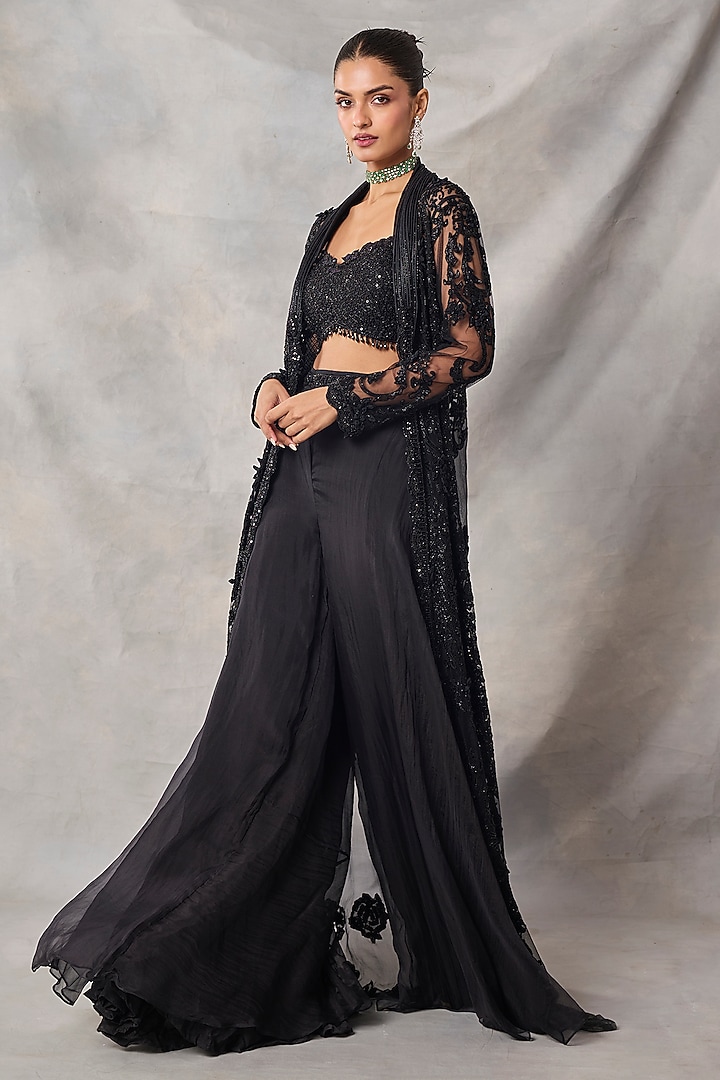 Black Organza & Net Embroidered Jacket Set by AWIGNA BY VARSHA & RITTU at Pernia's Pop Up Shop