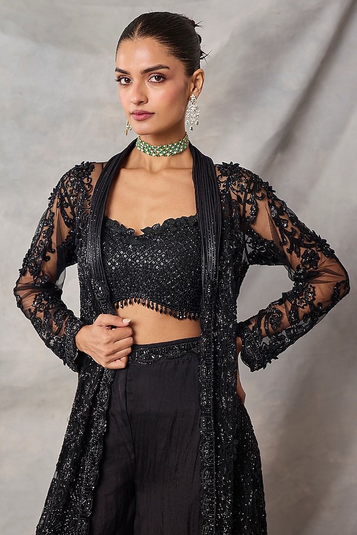 Black Organza & Net Embroidered Jacket Set by AWIGNA BY VARSHA & RITTU at Pernia's Pop Up Shop