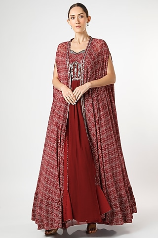 Dusky Red Embroidered Gown With Cape by AWIGNA BY VARSHA & RITTU