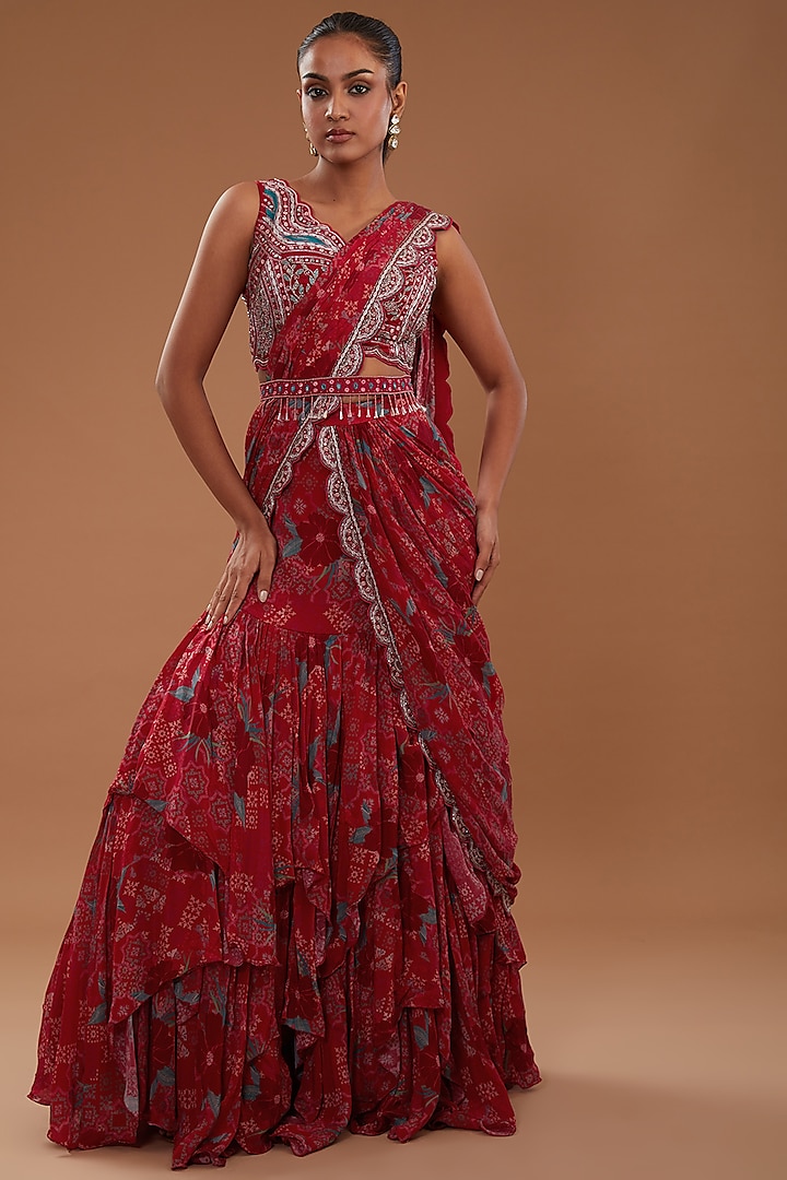 Red Crepe Floral Printed Pre-Draped Saree Set by AWIGNA BY VARSHA & RITTU