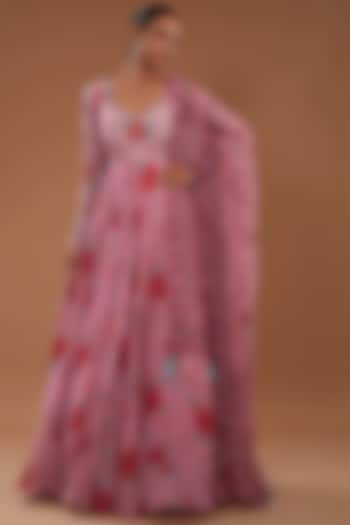 Pink Crepe Floral Printed Gown With Dupatta by AWIGNA BY VARSHA & RITTU