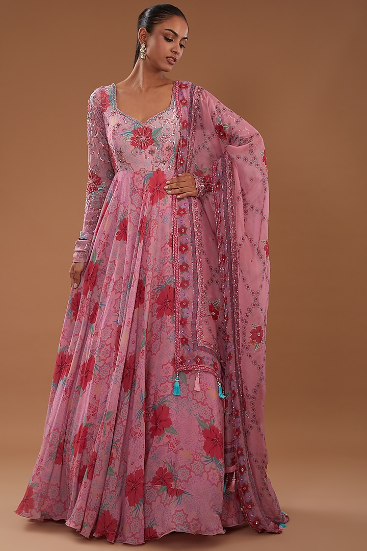 Pink Crepe Floral Printed Gown With Dupatta by AWIGNA BY VARSHA & RITTU
