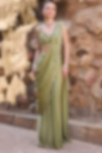 Sage Green Silk Metal Beads Embroidered Draped Wedding Saree Set by AWIGNA BY VARSHA & RITTU at Pernia's Pop Up Shop