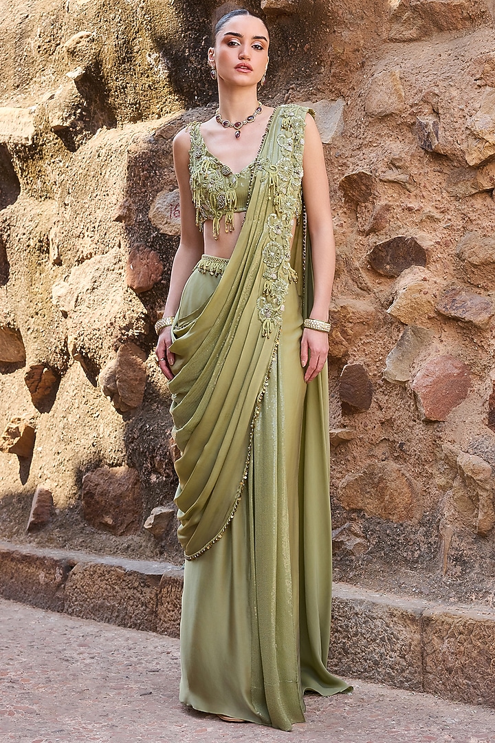 Sage Green Silk Metal Beads Embroidered Draped Wedding Saree Set by AWIGNA BY VARSHA & RITTU at Pernia's Pop Up Shop