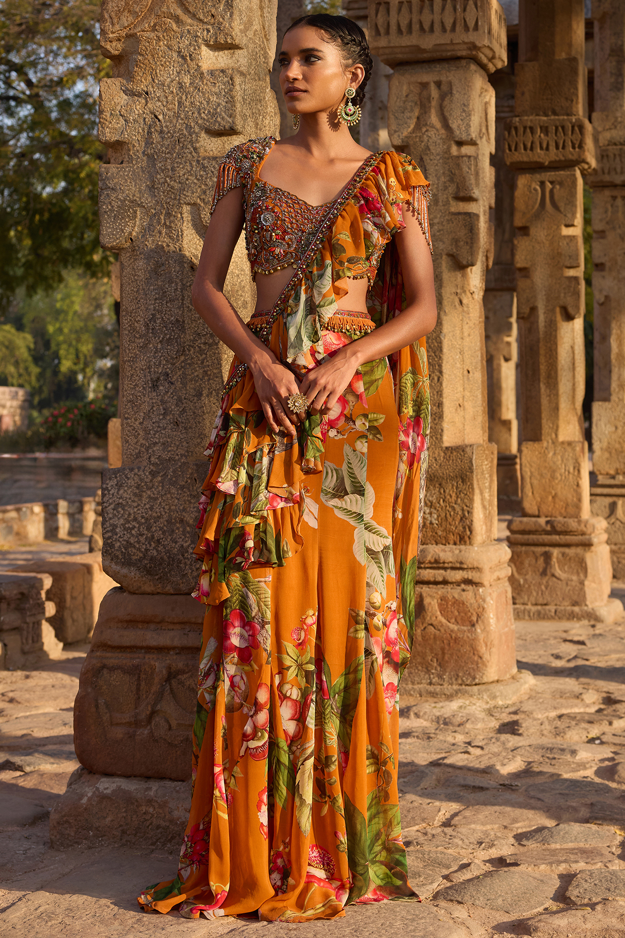Orange Georgette Printed Pre-Stitched Set by AWIGNA BY VARSHA & RITTU at Pernia's Pop Up Shop