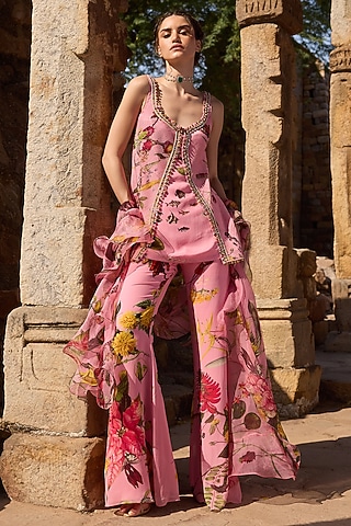 Pink Georgette Printed Sharara Set by AWIGNA BY VARSHA & RITTU