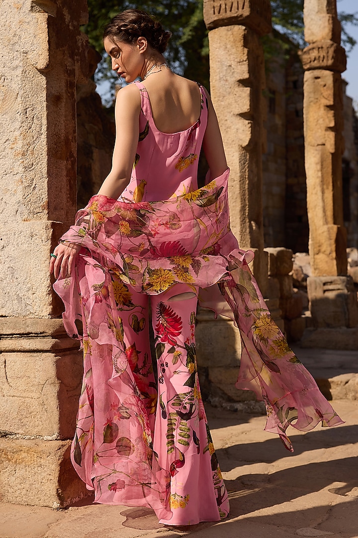 Pink Georgette Printed Wedding Sharara Set by AWIGNA BY VARSHA & RITTU at Pernia's Pop Up Shop